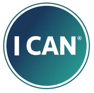 The I CAN Network logo. A white circle with a blue-green gradient background and the words 'I CAN' in bold white letters.