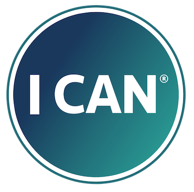 The I CAN Network logo. A white circle with a blue-green gradient background and the words 'I CAN' in bold white letters.