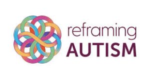 The Reframing Autism logo. It features a circular design of interwoven lines in rainbow colors, with the words 'reframing AUTISM' in purple text to the right